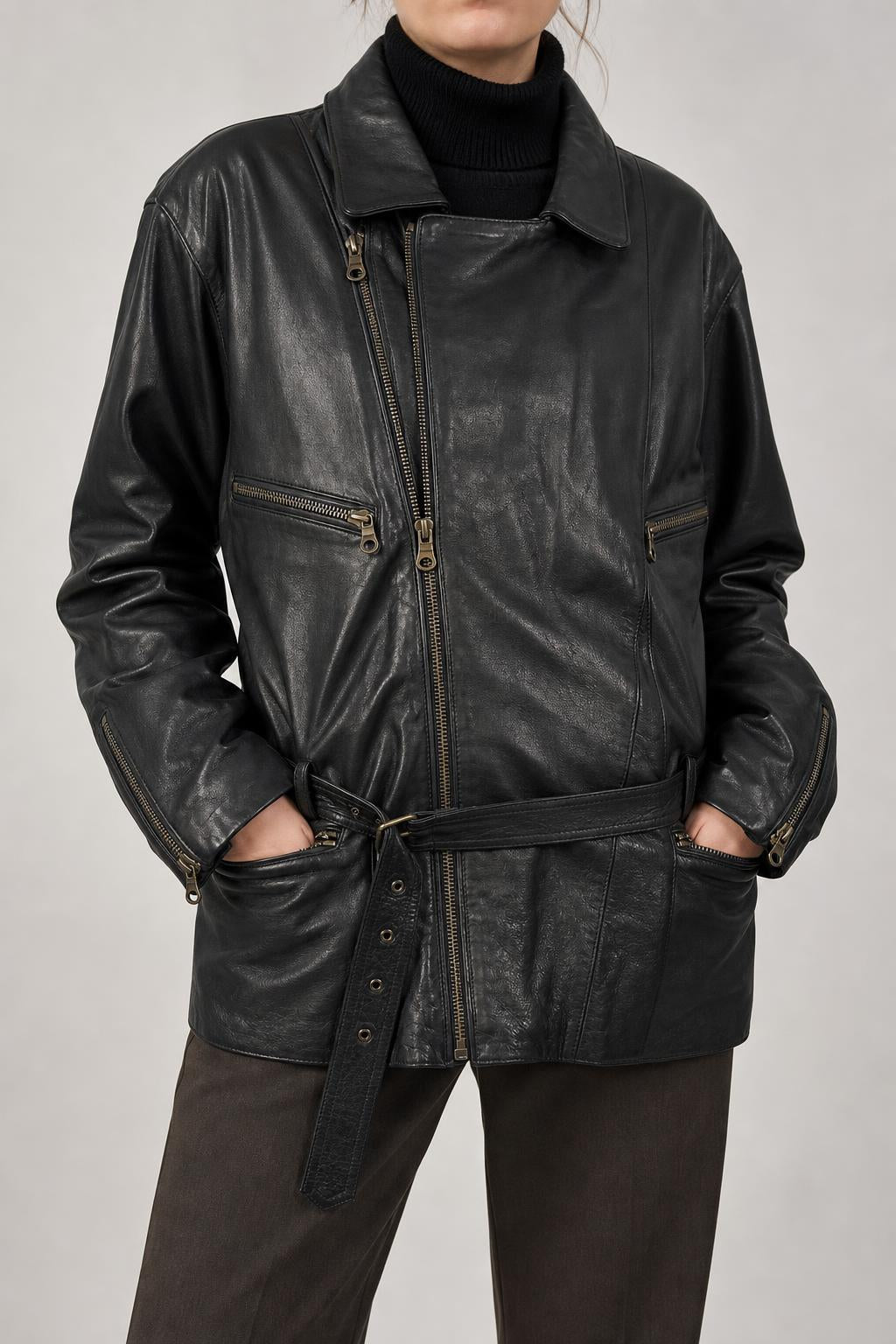 Giacca di pelle nera vintage – Uomo Taglia L