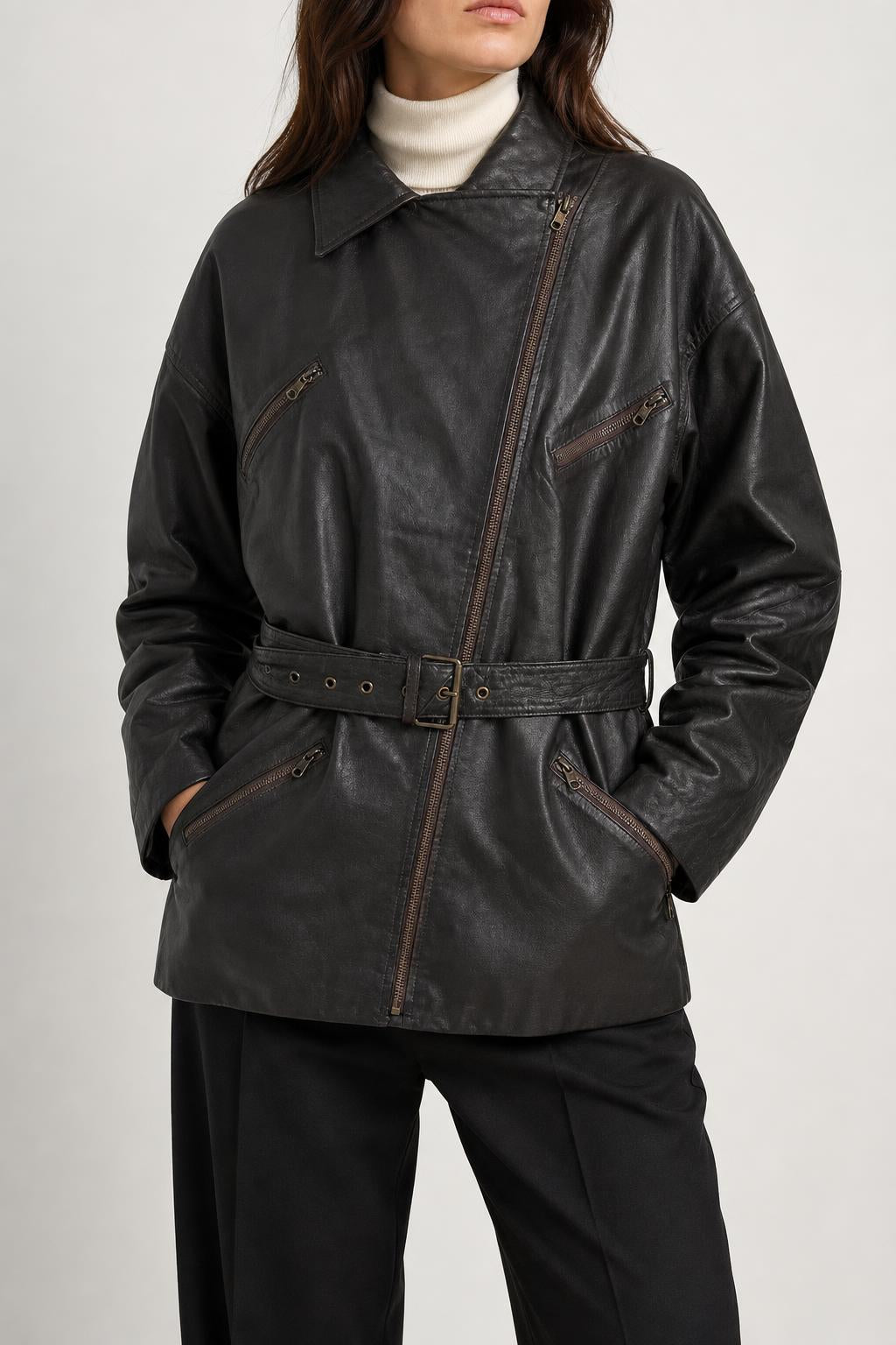 Giacca di pelle marrone vintage – Donna Taglia S (IT 38)