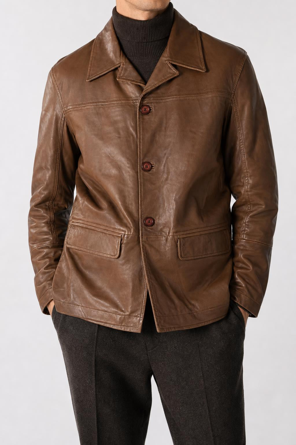 Giacca di pelle marrone vintage – Uomo Taglia XL