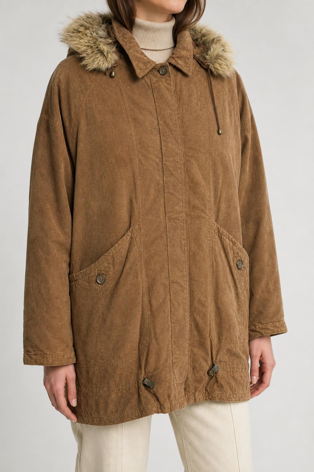 Parka in velluto a coste con cappuccio in pelliccia vintage – Donna Taglia M
