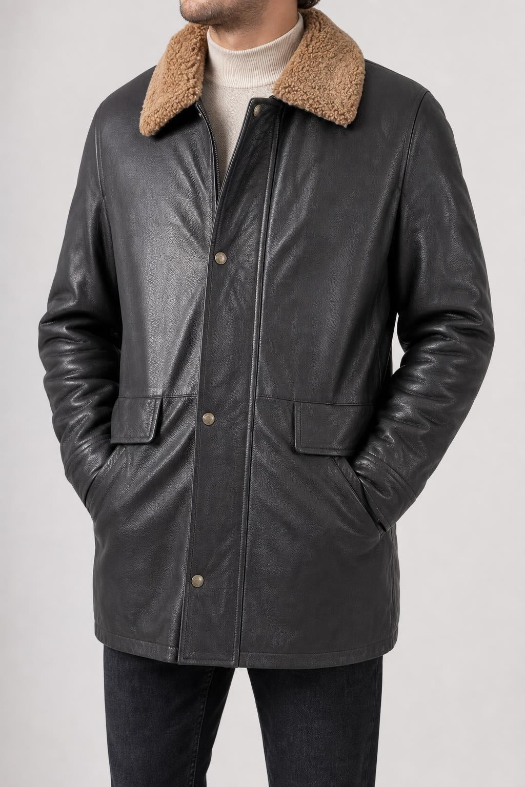 Giacca di pelle nera con collo in montone vintage – Uomo Taglia L