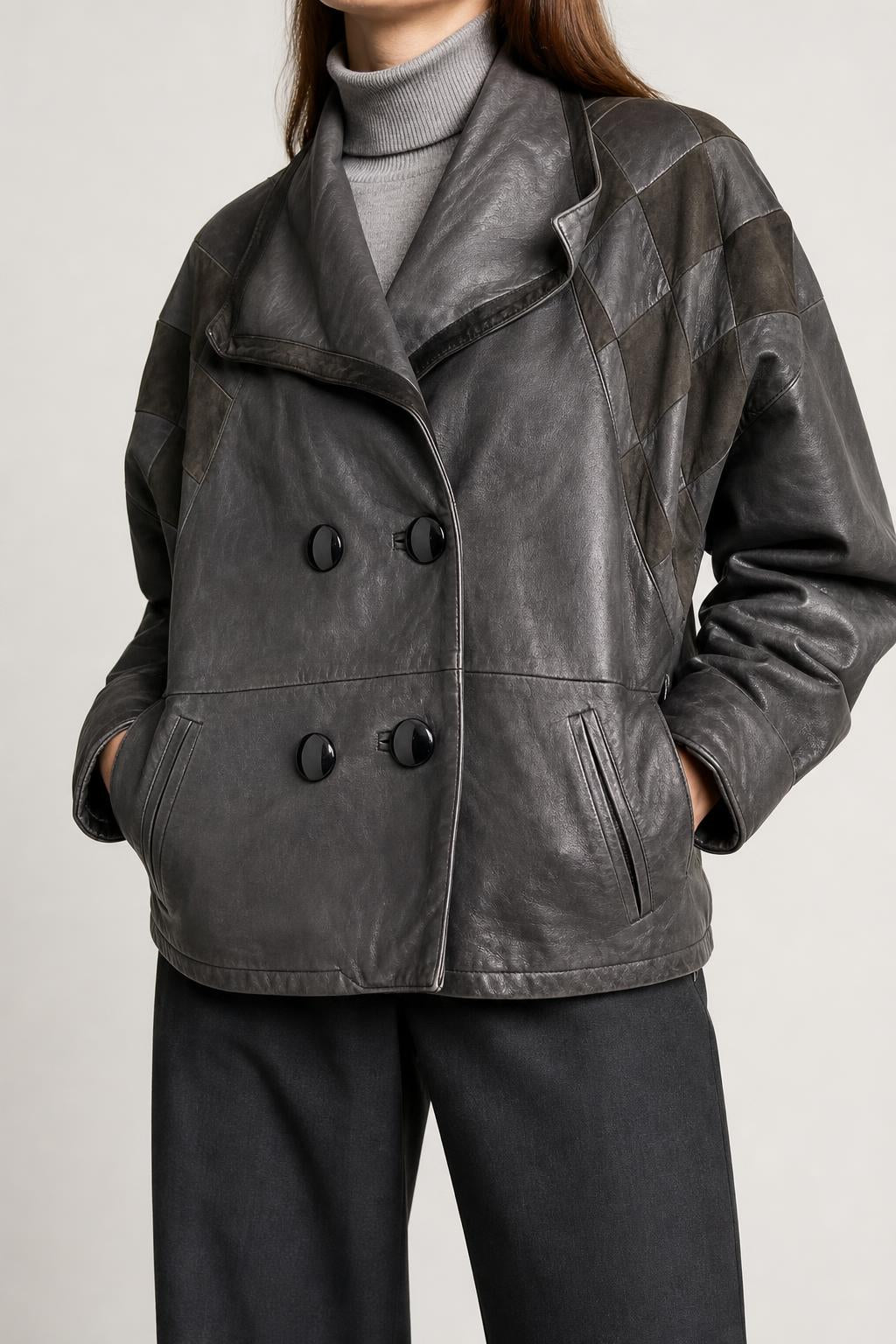 Giacca di pelle grigia doppiopetto vintage – Donna Taglia M