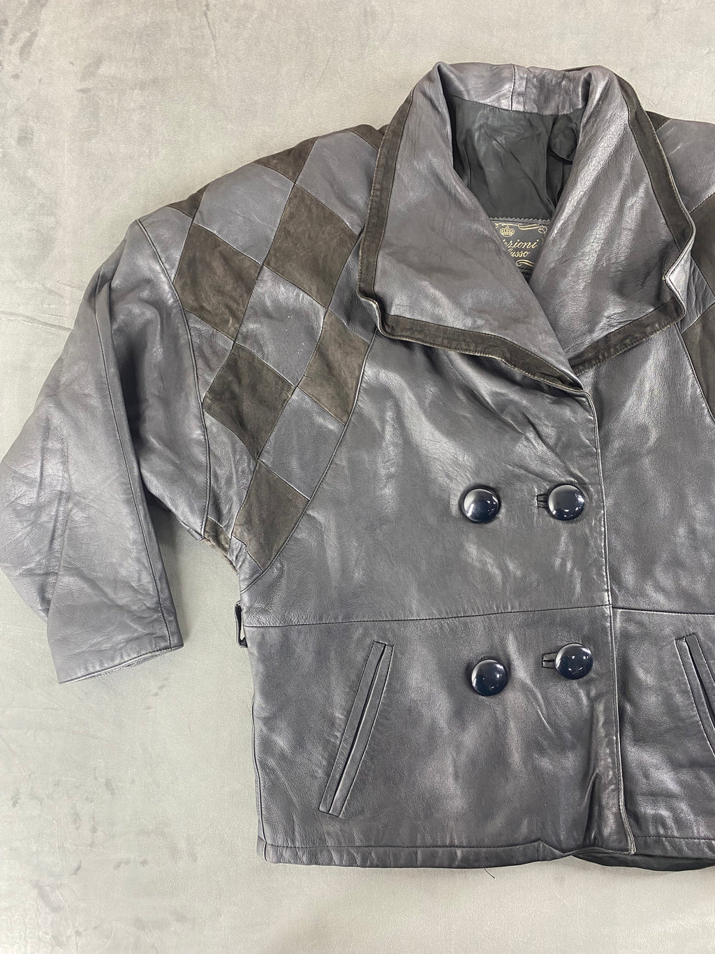 Giacca di pelle grigia doppiopetto vintage – Donna Taglia M