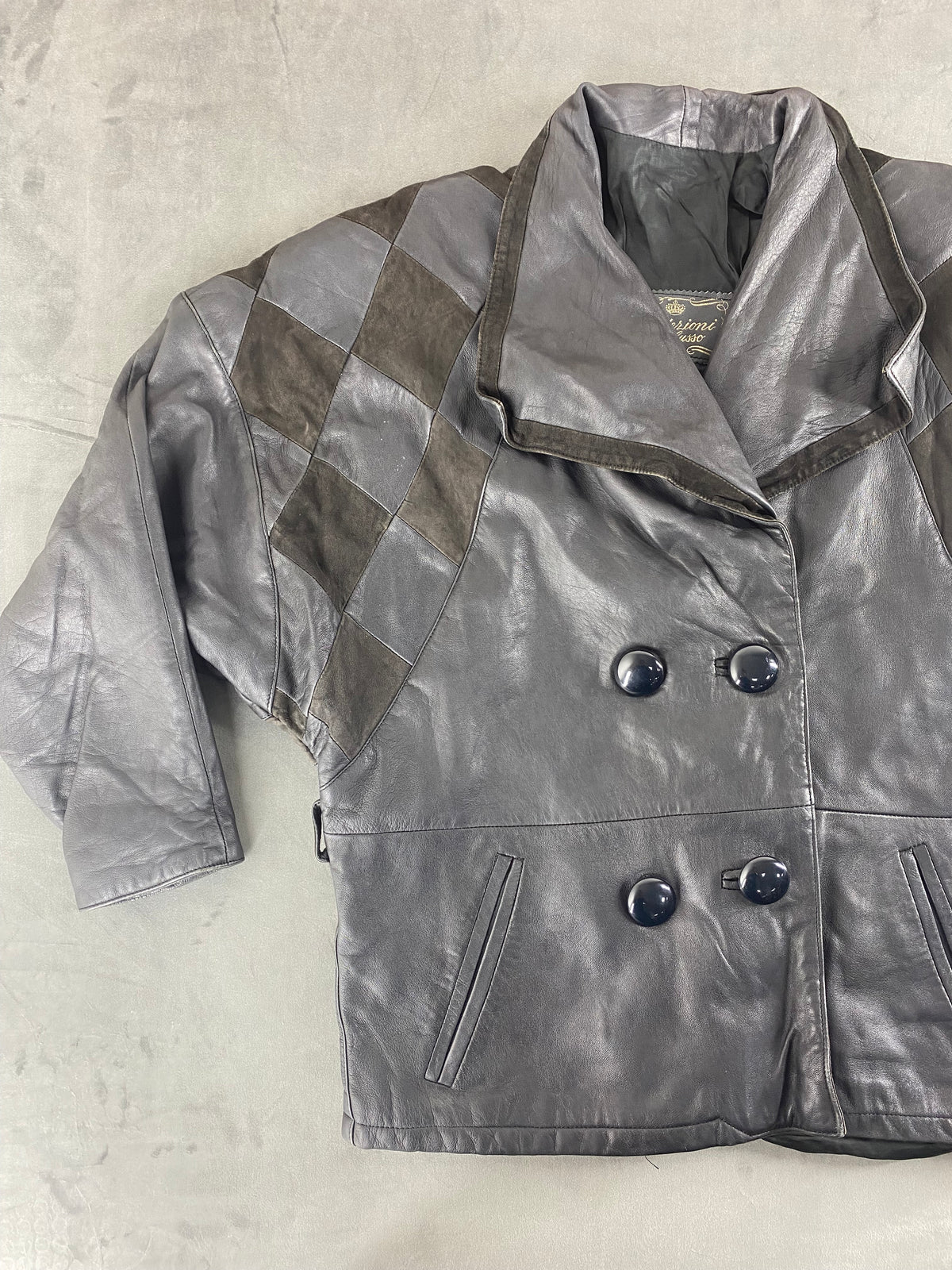 Giacca di pelle grigia doppiopetto vintage – Donna Taglia M