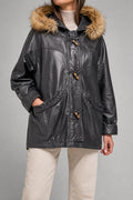 Montgomery di pelle nero con cappuccio in pelliccia vintage – Donna Taglia M