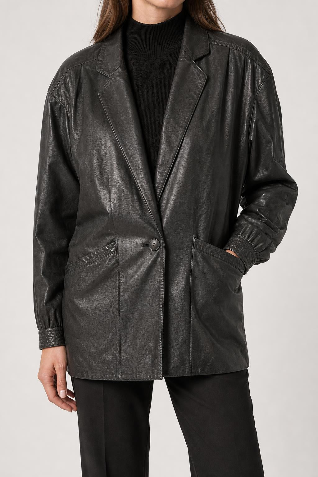 Blazer di pelle nero oversize vintage – Donna Taglia M
