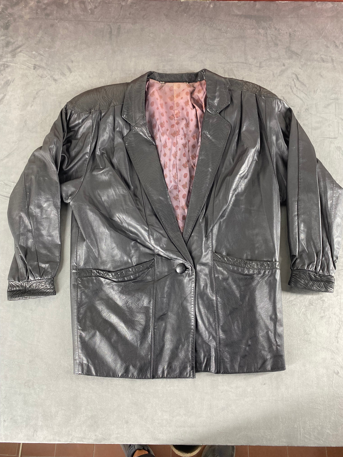 Blazer di pelle nero oversize vintage – Donna Taglia M