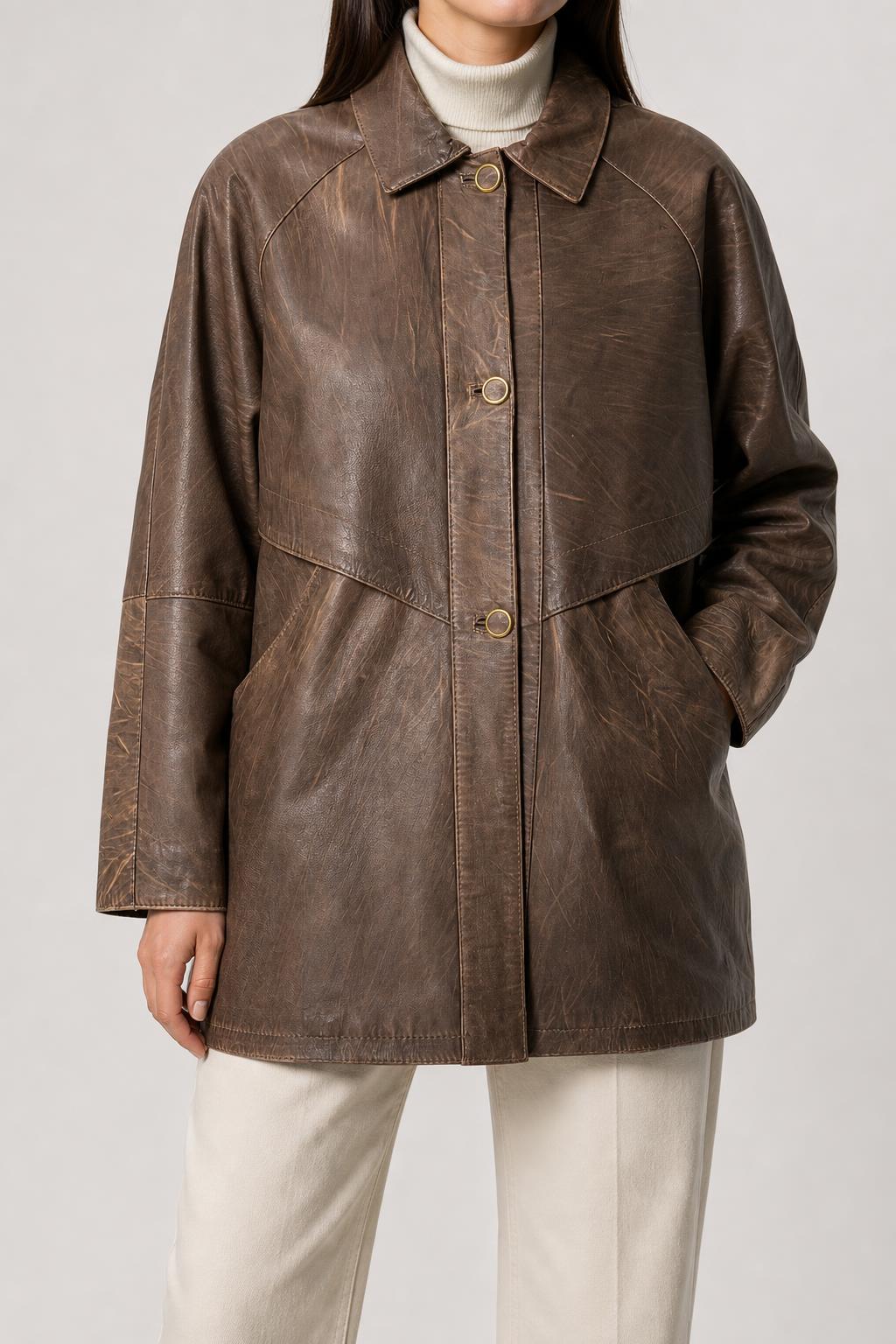 Giacca di pelle taupe vintage – Donna Taglia M