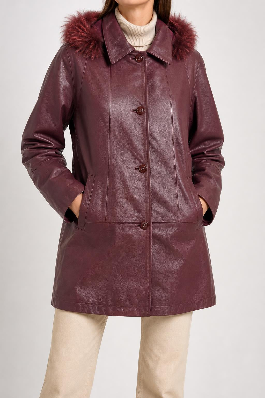 Cappotto di pelle prugna con collo in pelliccia vintage – Donna Taglia M (IT 44)