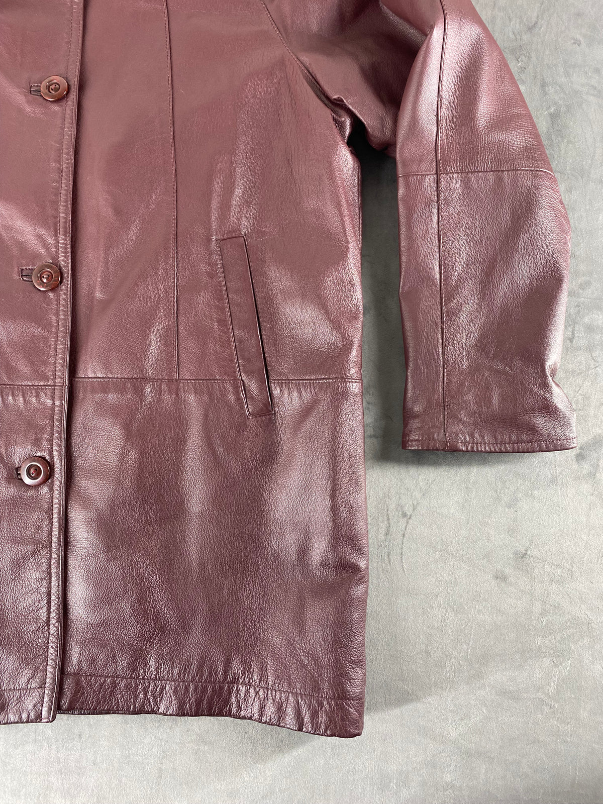 Cappotto di pelle prugna con collo in pelliccia vintage – Donna Taglia M (IT 44)