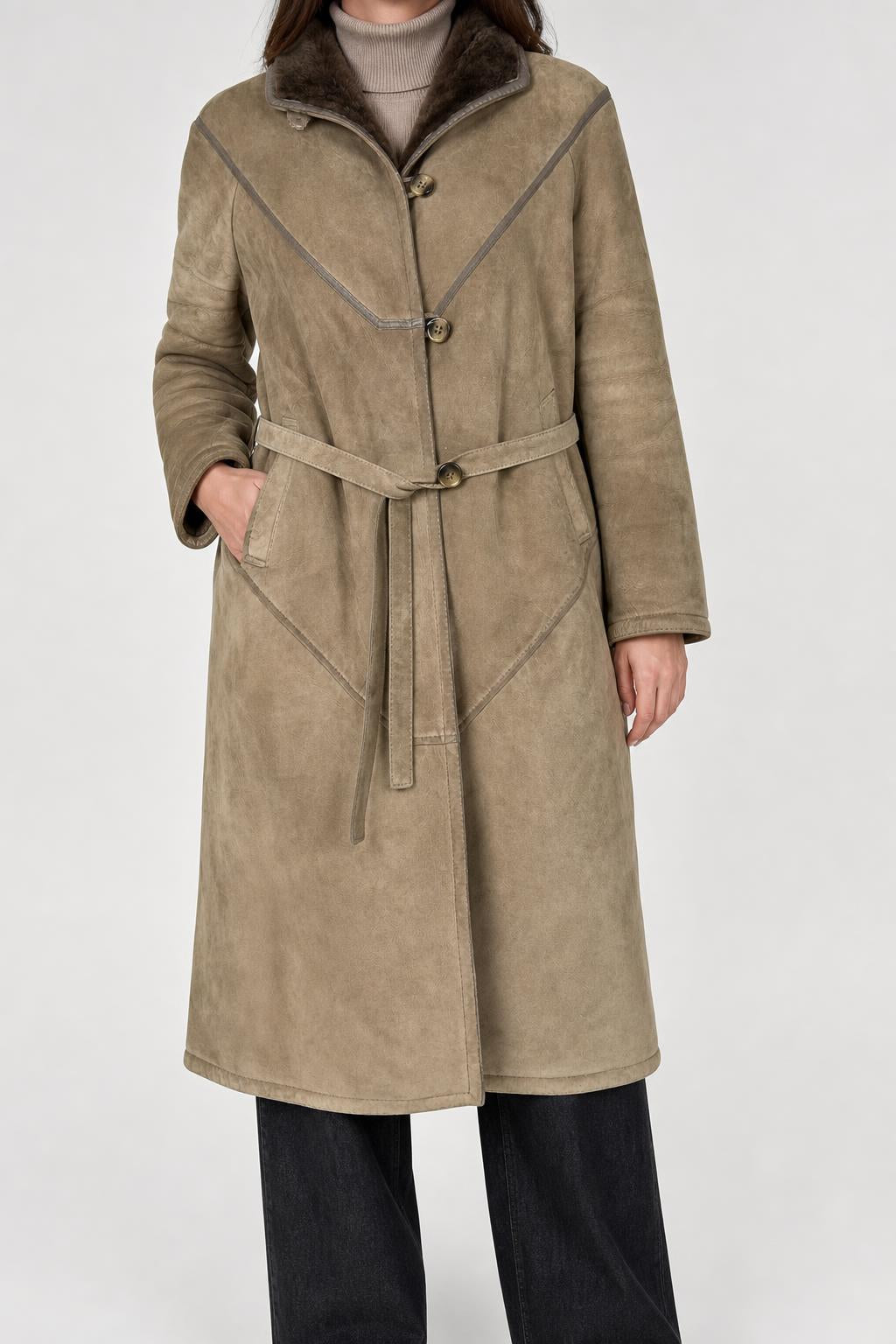Cappotto in montone taupe con cintura vintage – Donna Taglia M
