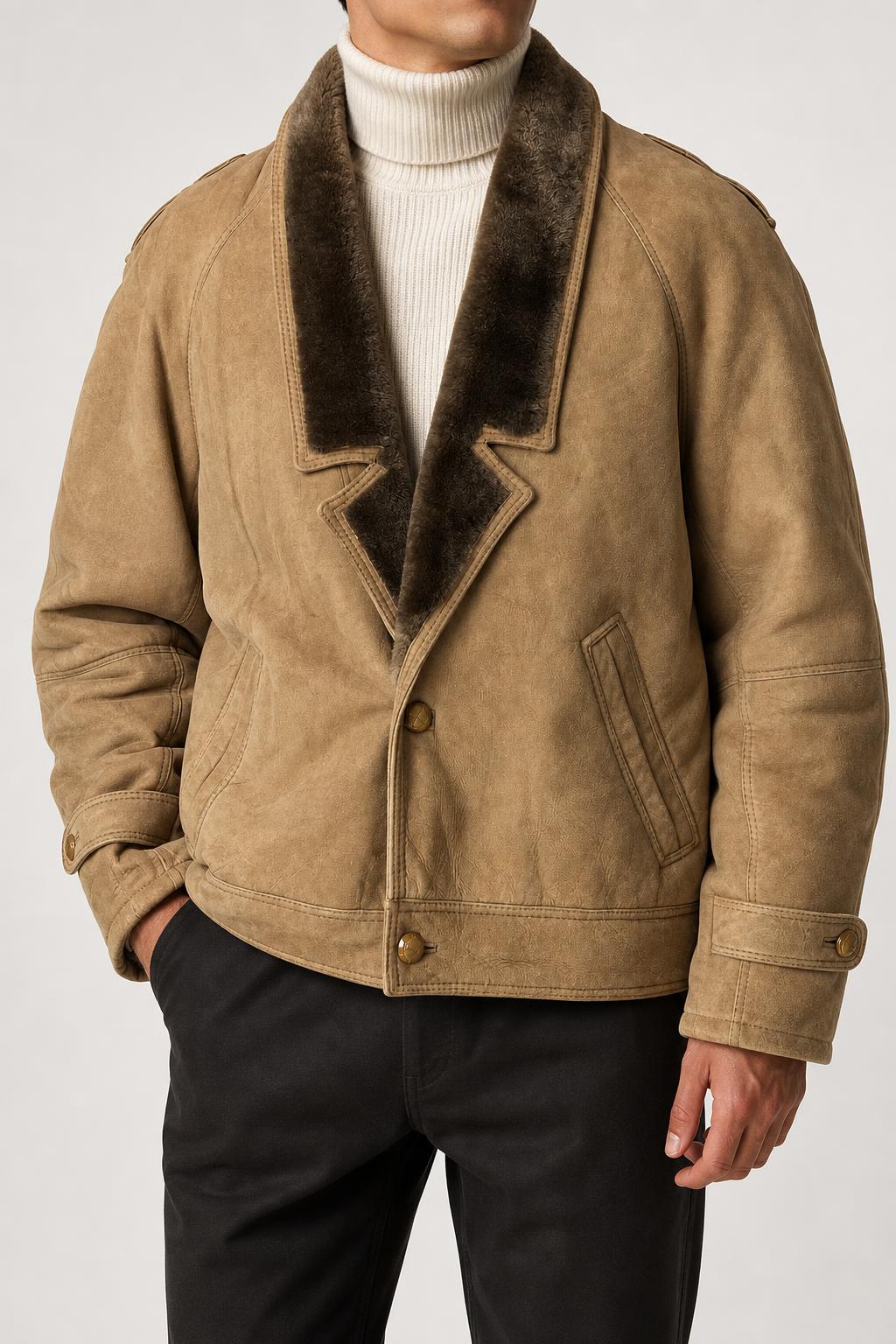 Giaccone in pelle scamosciata e montone cammello vintage – Uomo Taglia L