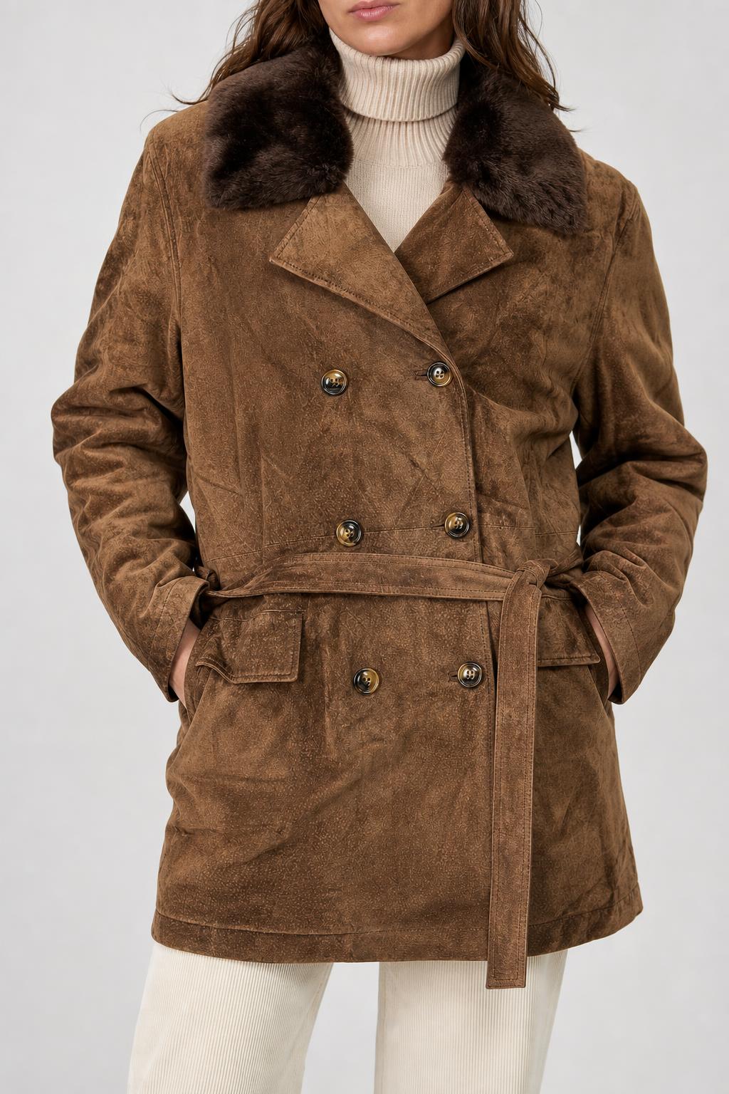 Cappotto in pelle scamosciata marrone con collo in pelliccia vintage – Donna Taglia M