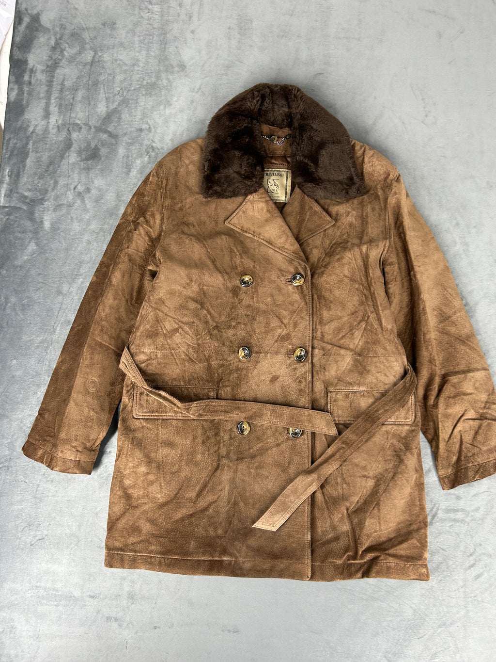 Cappotto in pelle scamosciata marrone con collo in pelliccia vintage – Donna Taglia M
