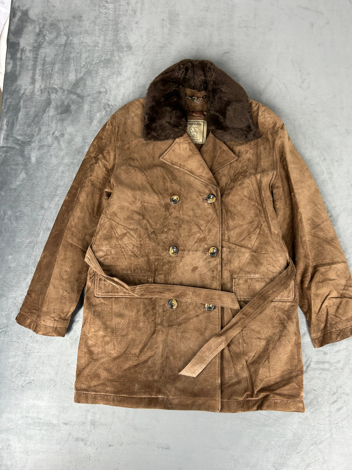 Cappotto in pelle scamosciata marrone con collo in pelliccia vintage – Donna Taglia M