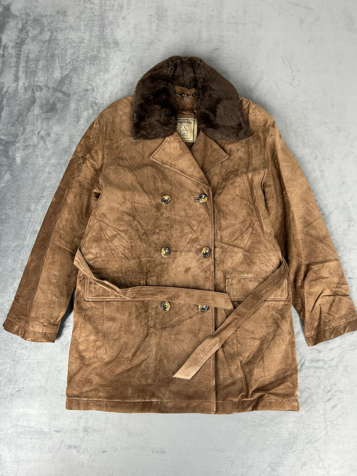 Cappotto in pelle scamosciata marrone con collo in pelliccia vintage – Donna Taglia M