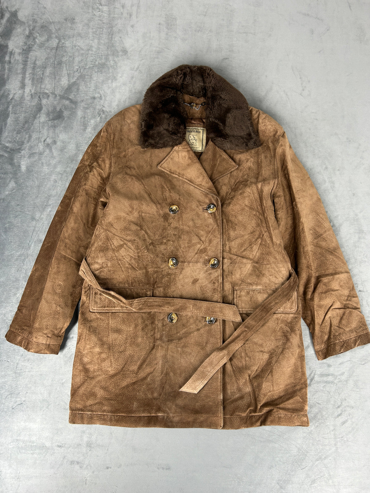 Cappotto in pelle scamosciata marrone con collo in pelliccia vintage – Donna Taglia M
