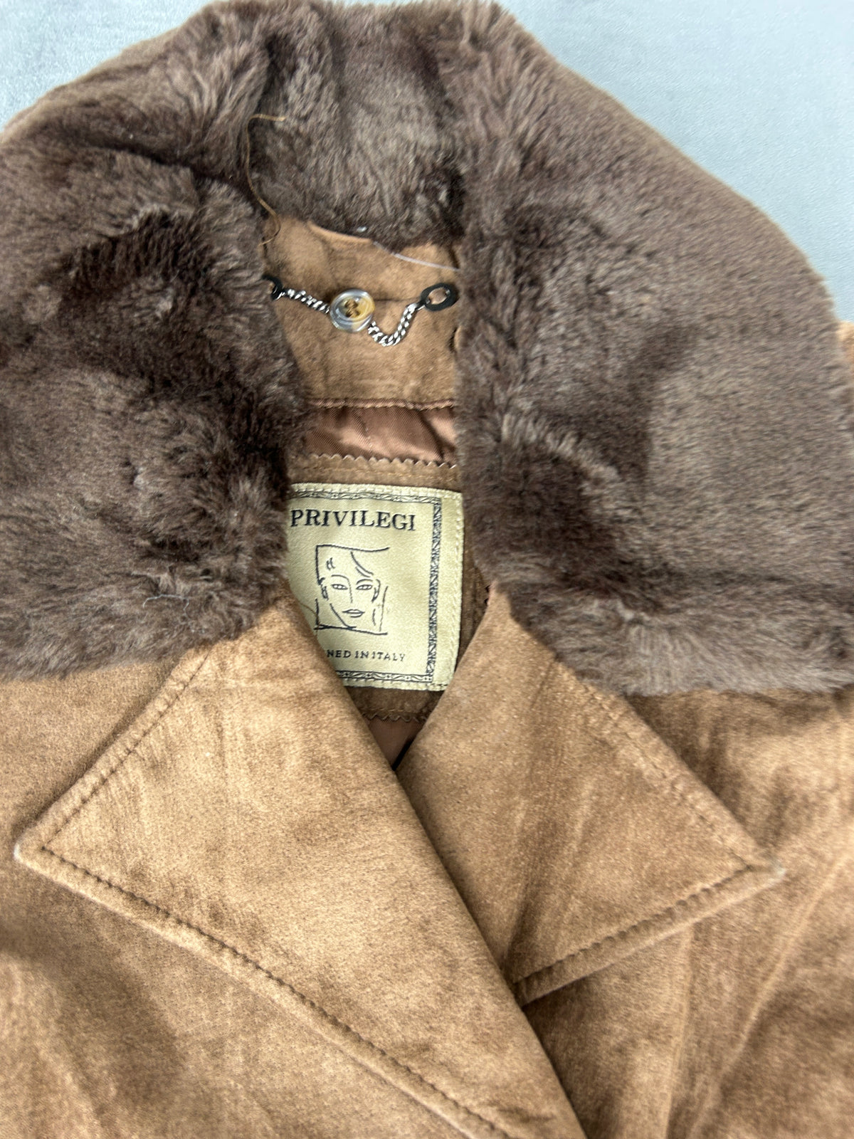Cappotto in pelle scamosciata marrone con collo in pelliccia vintage – Donna Taglia M