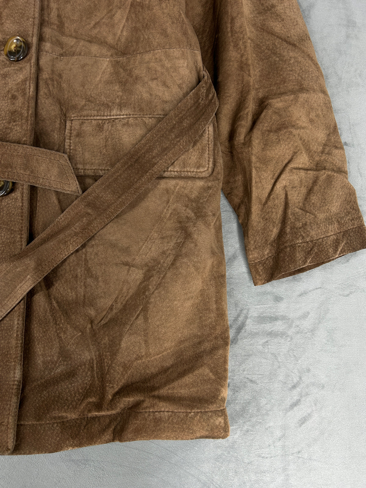 Cappotto in pelle scamosciata marrone con collo in pelliccia vintage – Donna Taglia M