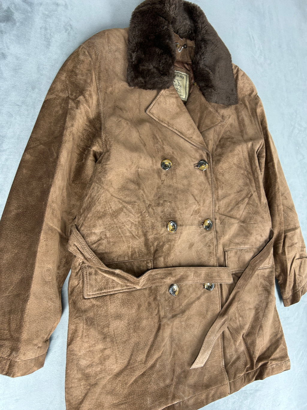 Cappotto in pelle scamosciata marrone con collo in pelliccia vintage – Donna Taglia M