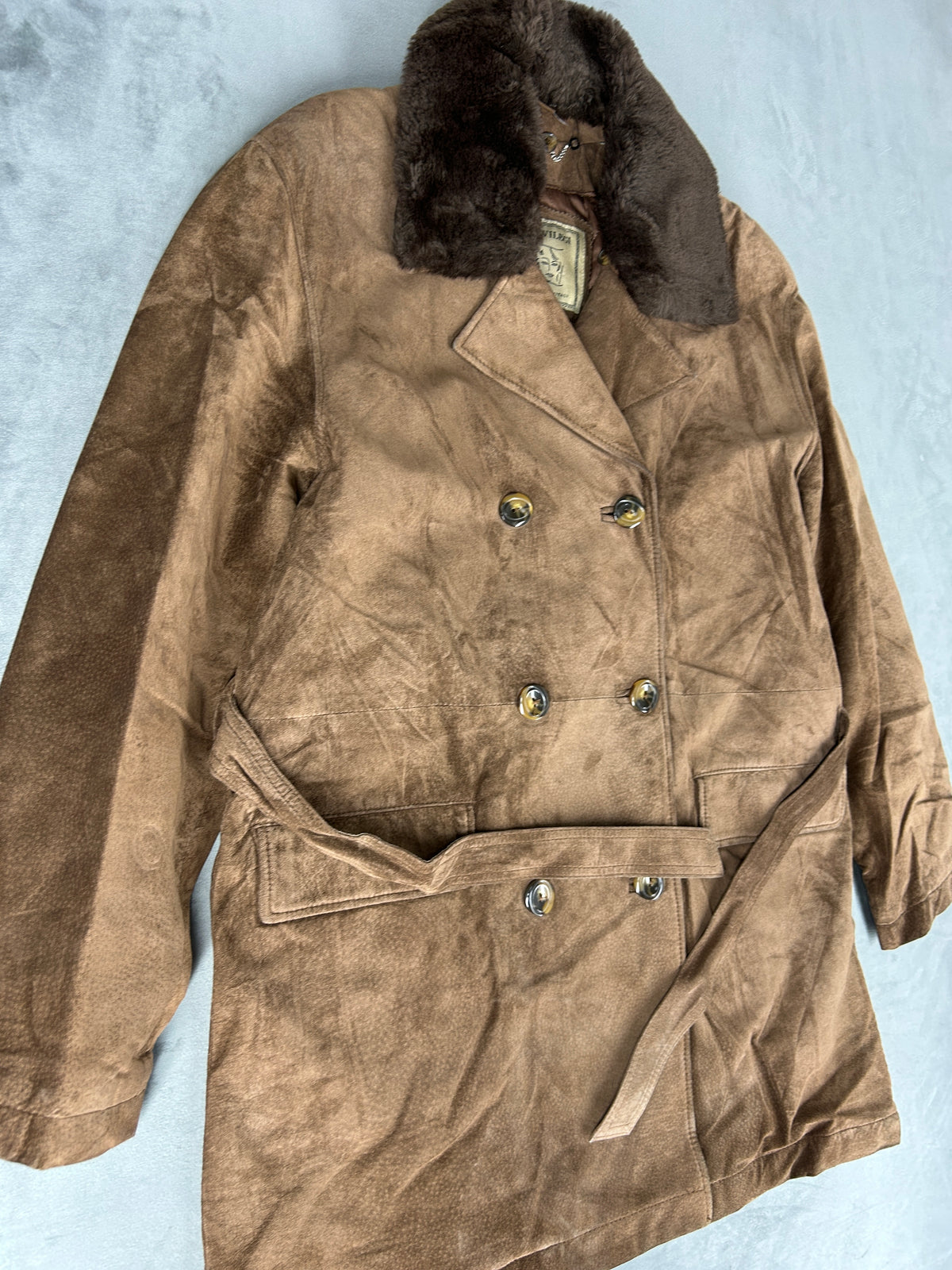 Cappotto in pelle scamosciata marrone con collo in pelliccia vintage – Donna Taglia M