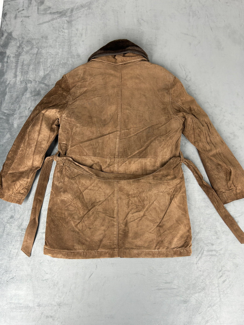 Cappotto in pelle scamosciata marrone con collo in pelliccia vintage – Donna Taglia M