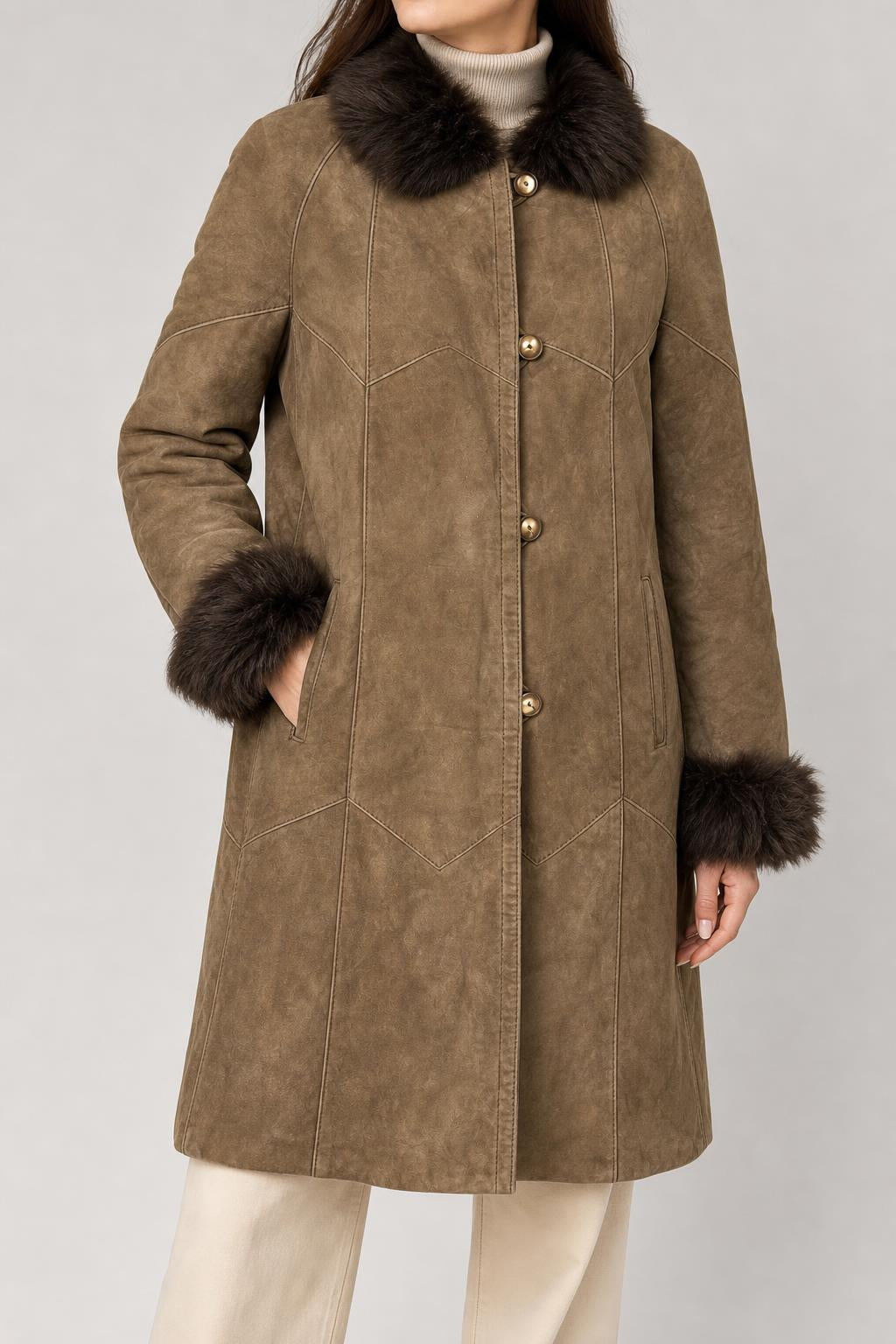 Cappotto in pelle scamosciata marrone con collo in pelliccia vintage – Donna Taglia M