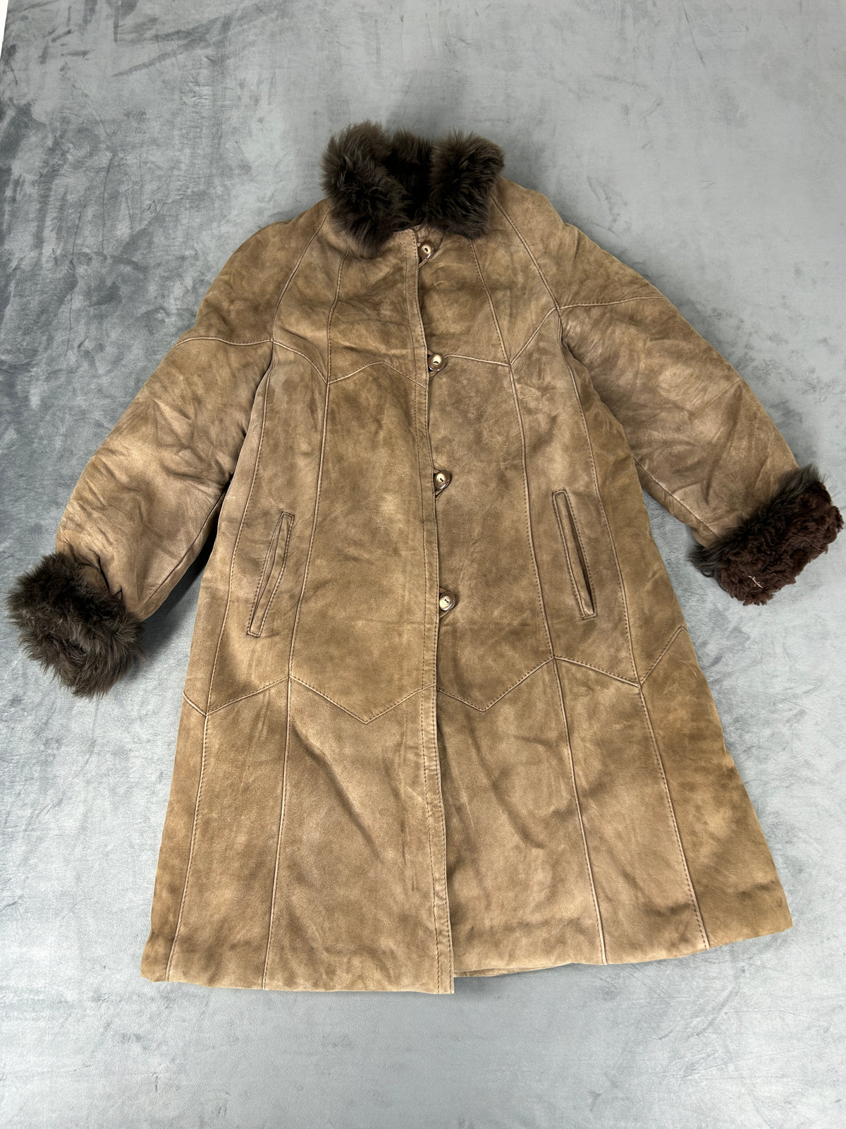 Cappotto in pelle scamosciata marrone con collo in pelliccia vintage – Donna Taglia M