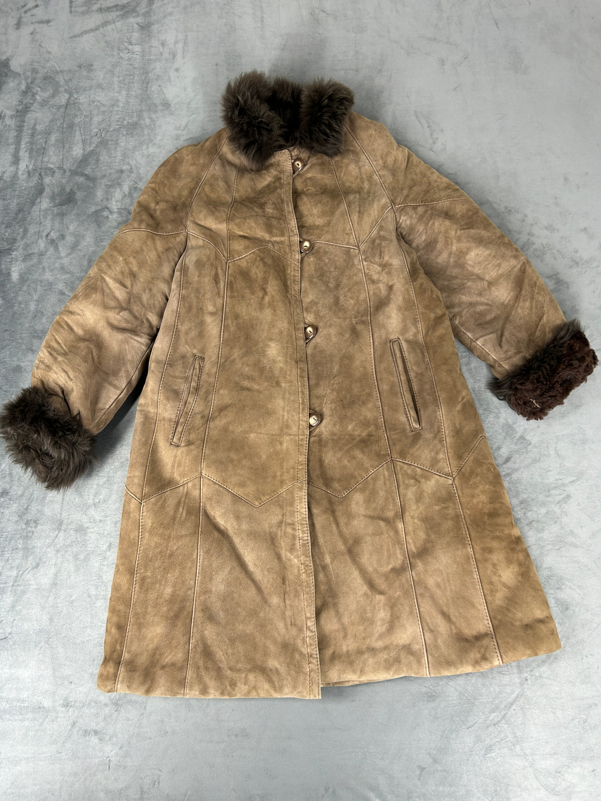 Cappotto in pelle scamosciata marrone con collo in pelliccia vintage – Donna Taglia M