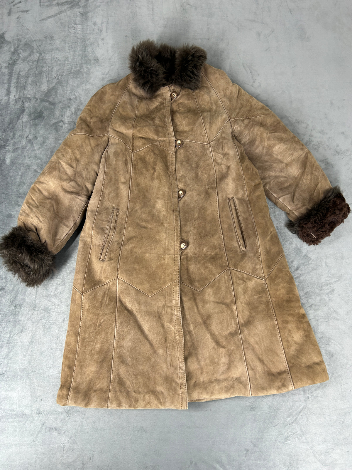 Cappotto in pelle scamosciata marrone con collo in pelliccia vintage – Donna Taglia M