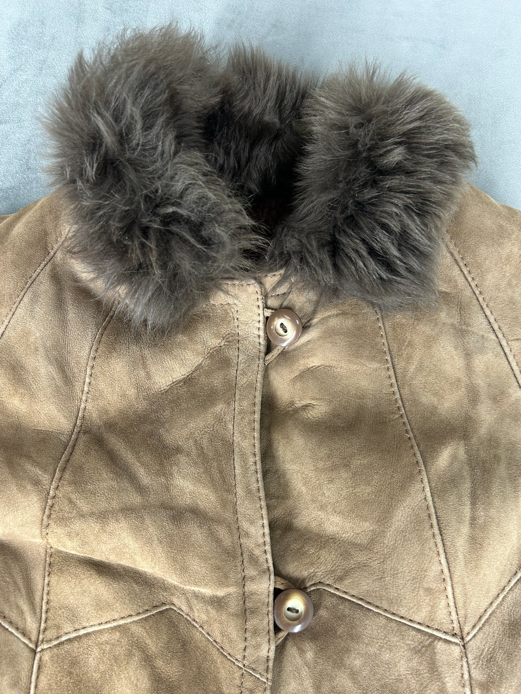 Cappotto in pelle scamosciata marrone con collo in pelliccia vintage – Donna Taglia M