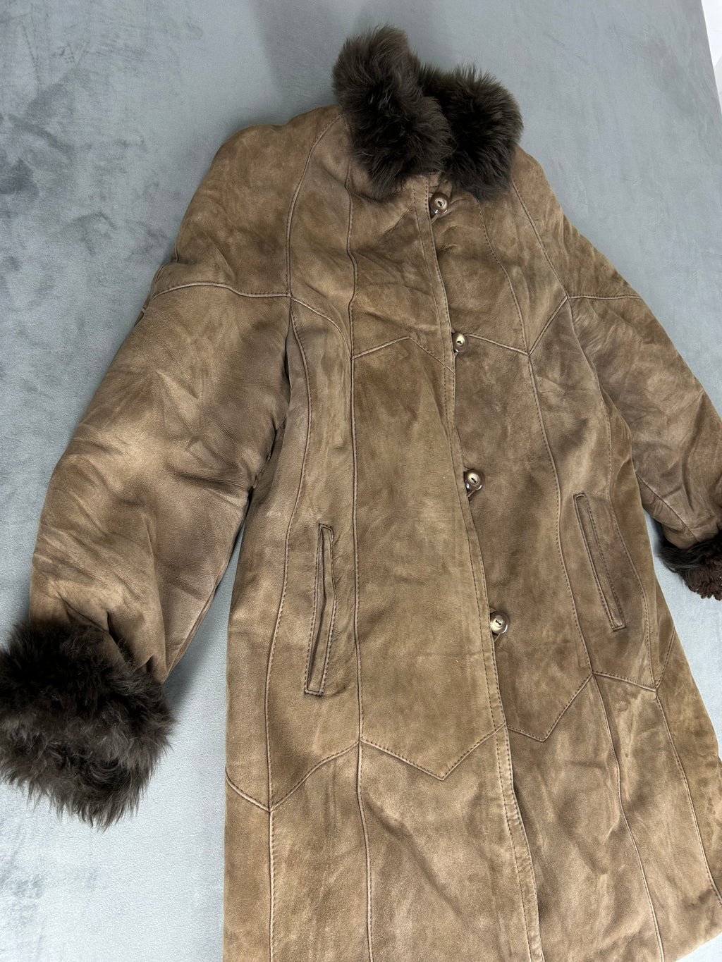 Cappotto in pelle scamosciata marrone con collo in pelliccia vintage – Donna Taglia M