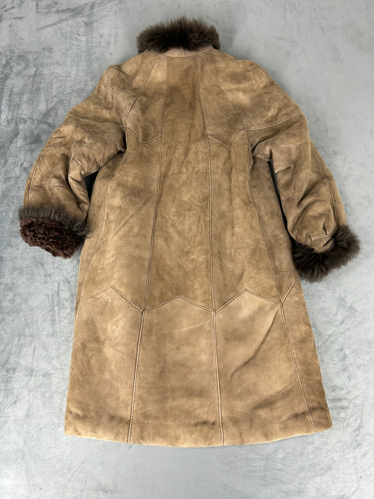 Cappotto in pelle scamosciata marrone con collo in pelliccia vintage – Donna Taglia M