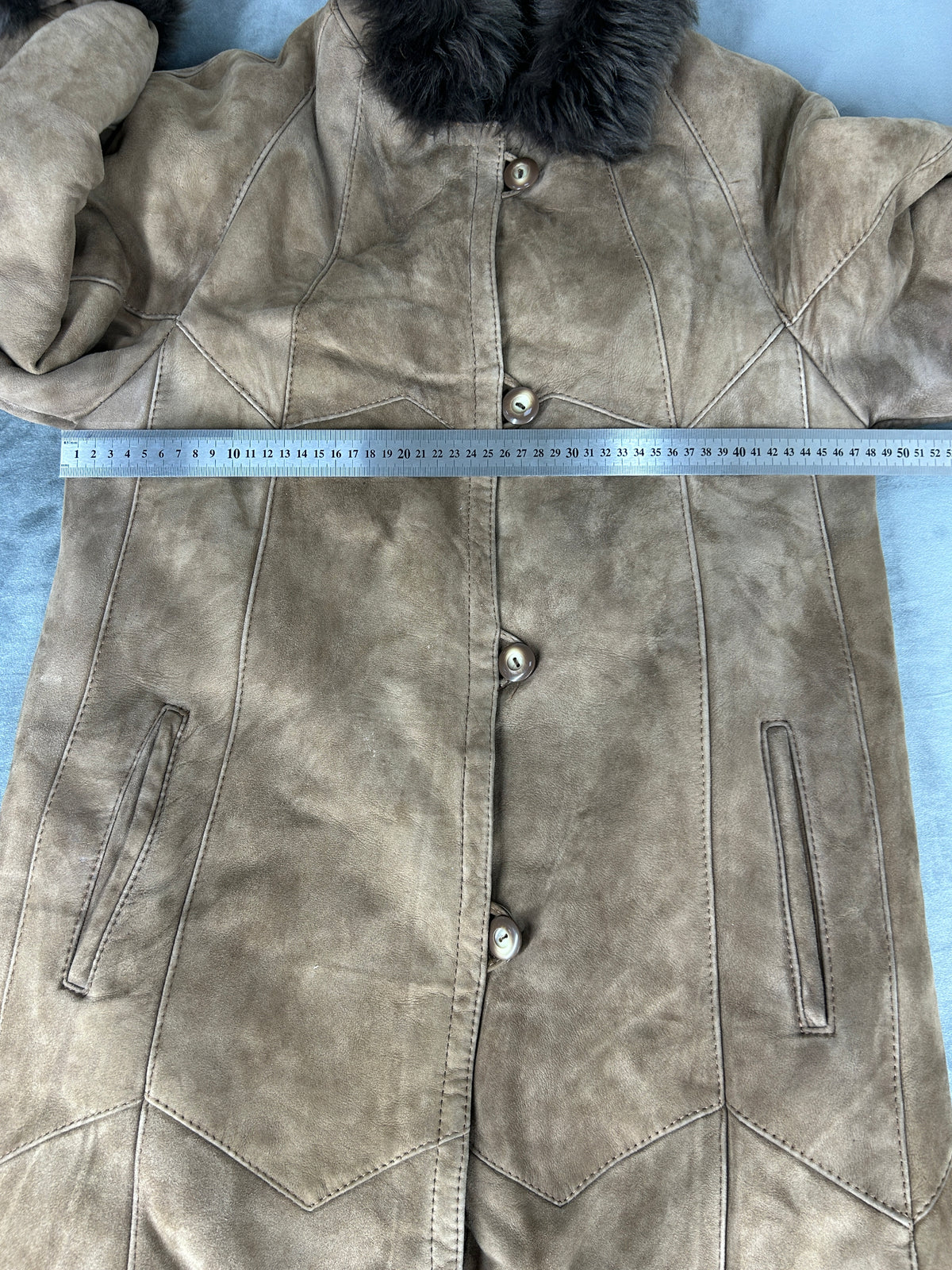 Cappotto in pelle scamosciata marrone con collo in pelliccia vintage – Donna Taglia M