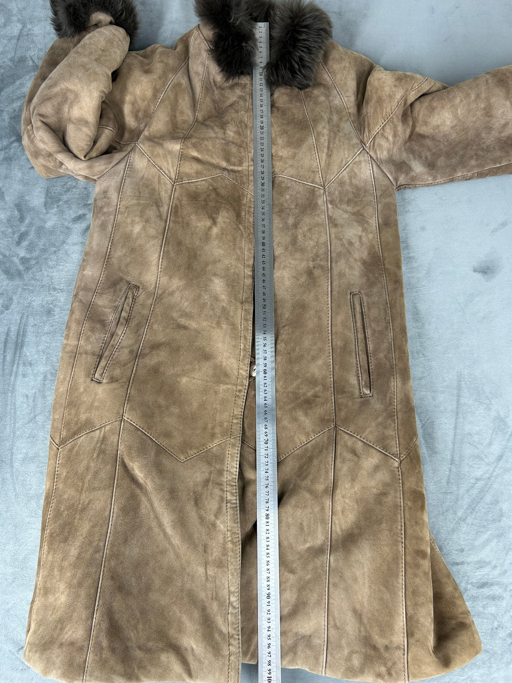 Cappotto in pelle scamosciata marrone con collo in pelliccia vintage – Donna Taglia M