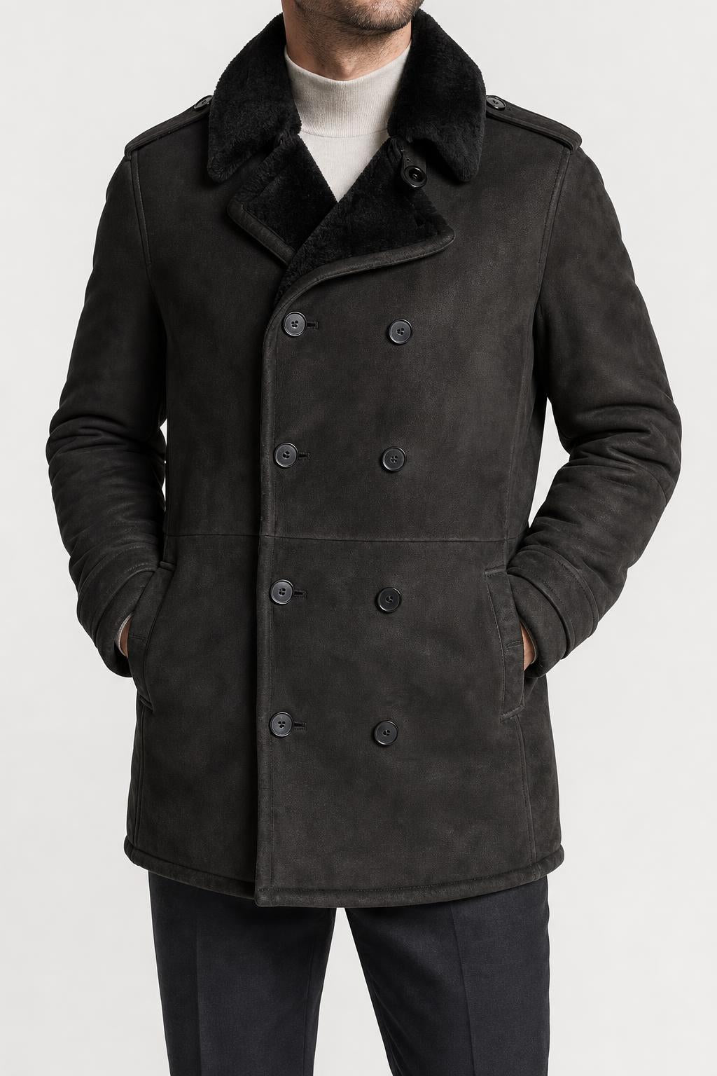 Cappotto in pelle scamosciata e montone nero vintage – Uomo Taglia L