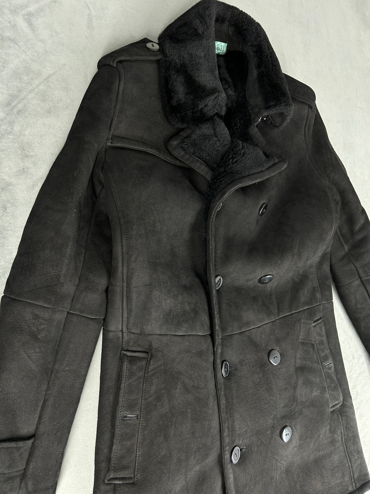 Cappotto in pelle scamosciata e montone nero vintage – Uomo Taglia L