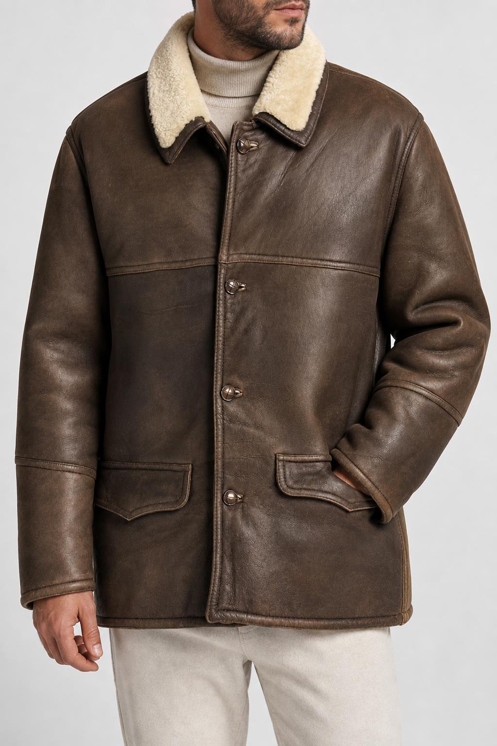 Giaccone in pelle e montone marrone vintage – Uomo Taglia L
