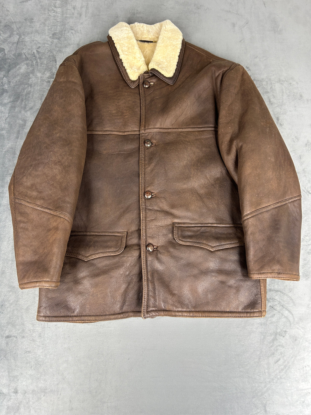 Giaccone in pelle e montone marrone vintage – Uomo Taglia L