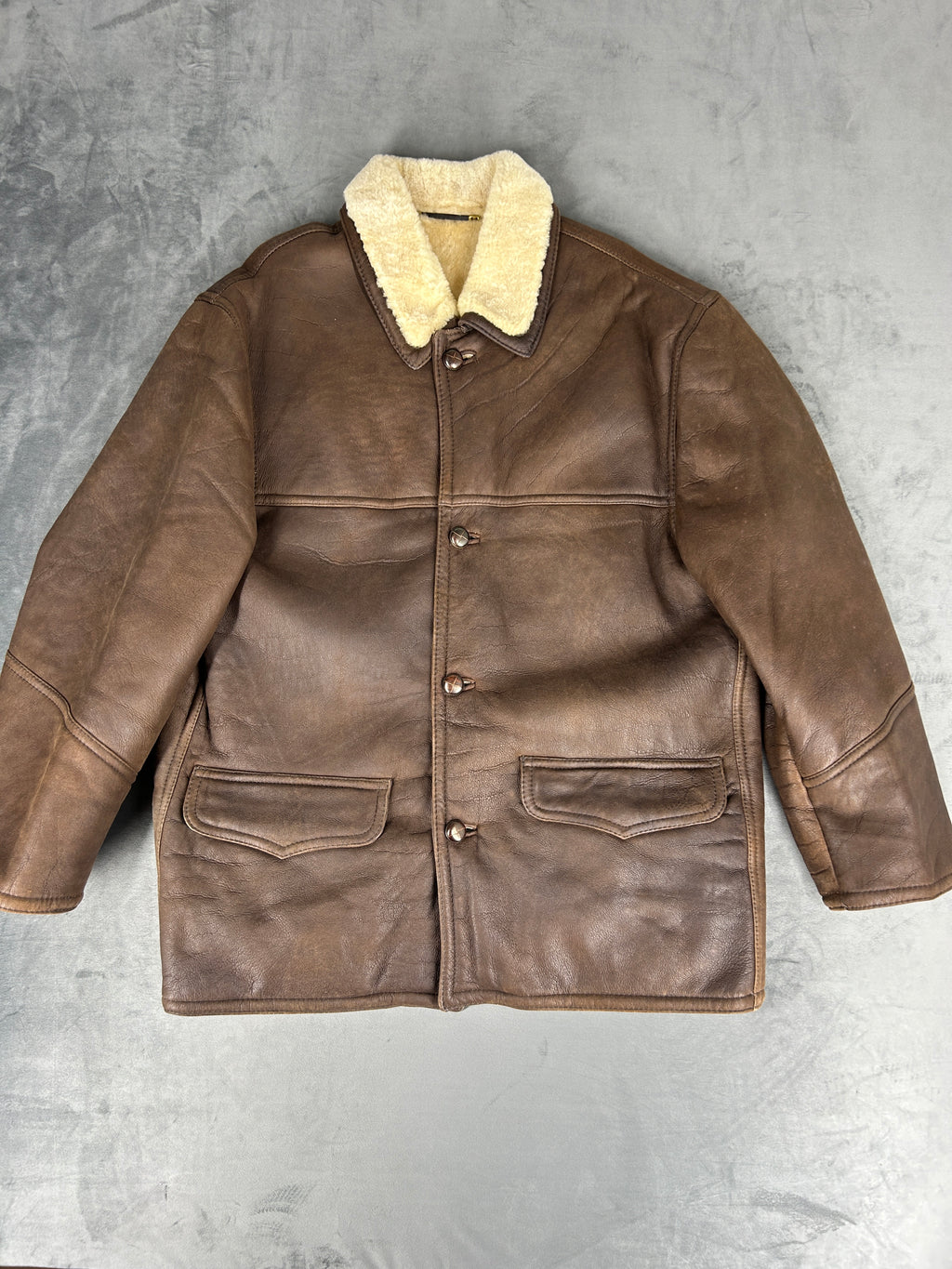 Giaccone in pelle e montone marrone vintage – Uomo Taglia L