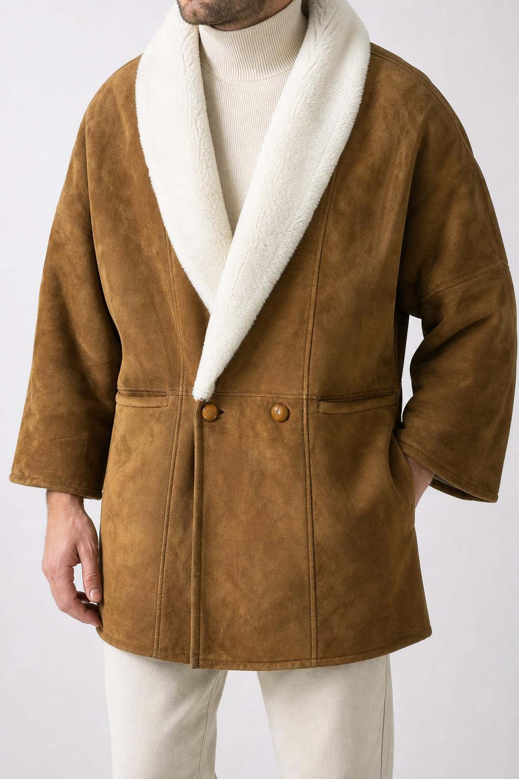 Giaccone in pelle scamosciata e montone cammello vintage – Uomo Taglia L