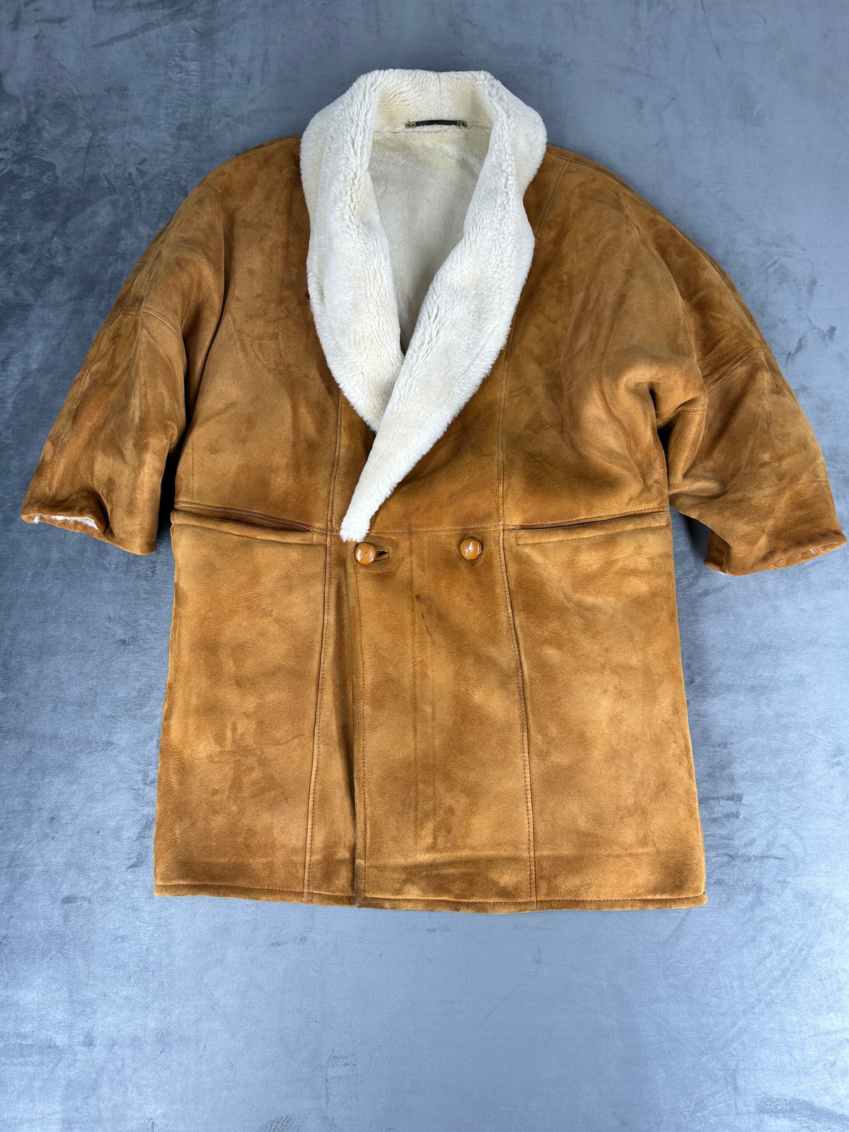 Giaccone in pelle scamosciata e montone cammello vintage – Uomo Taglia L