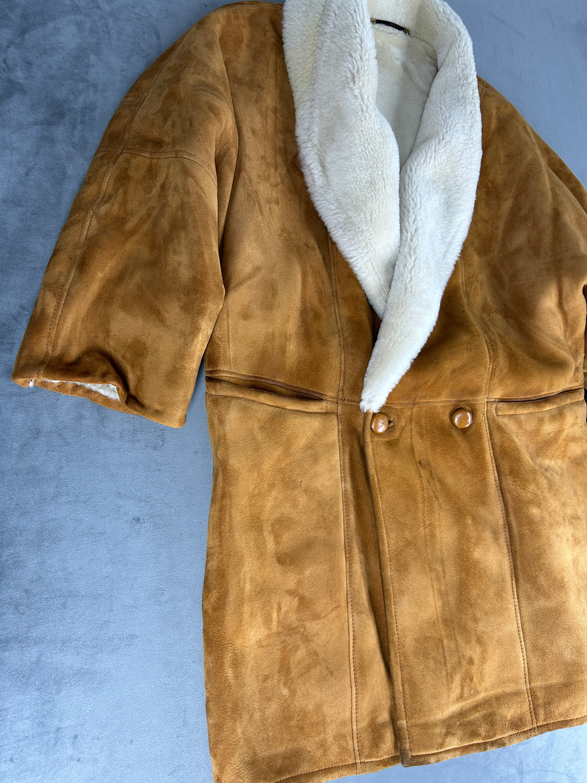 Giaccone in pelle scamosciata e montone cammello vintage – Uomo Taglia L