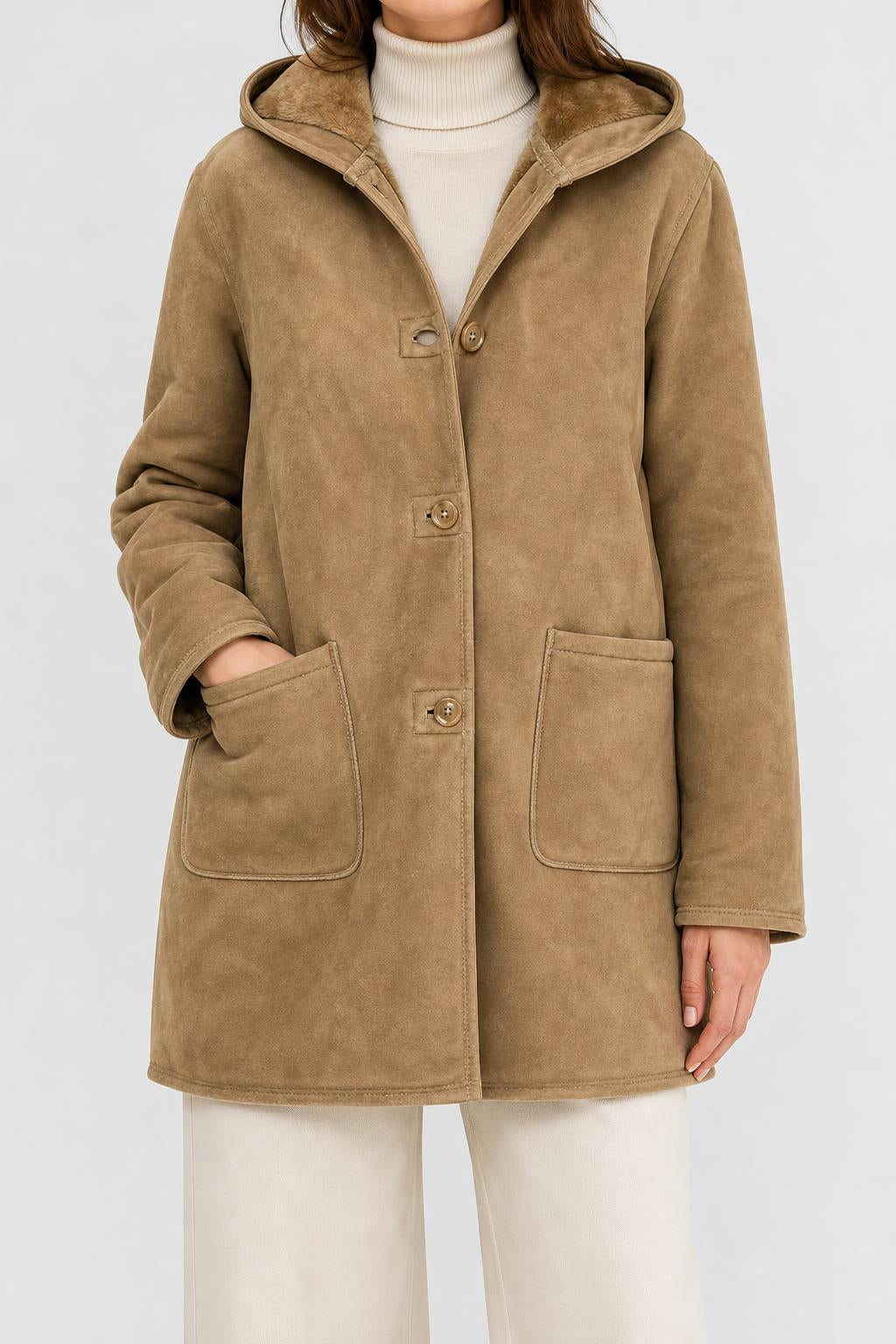 Cappotto in montone beige con cappuccio vintage – Donna Taglia M (IT 44)