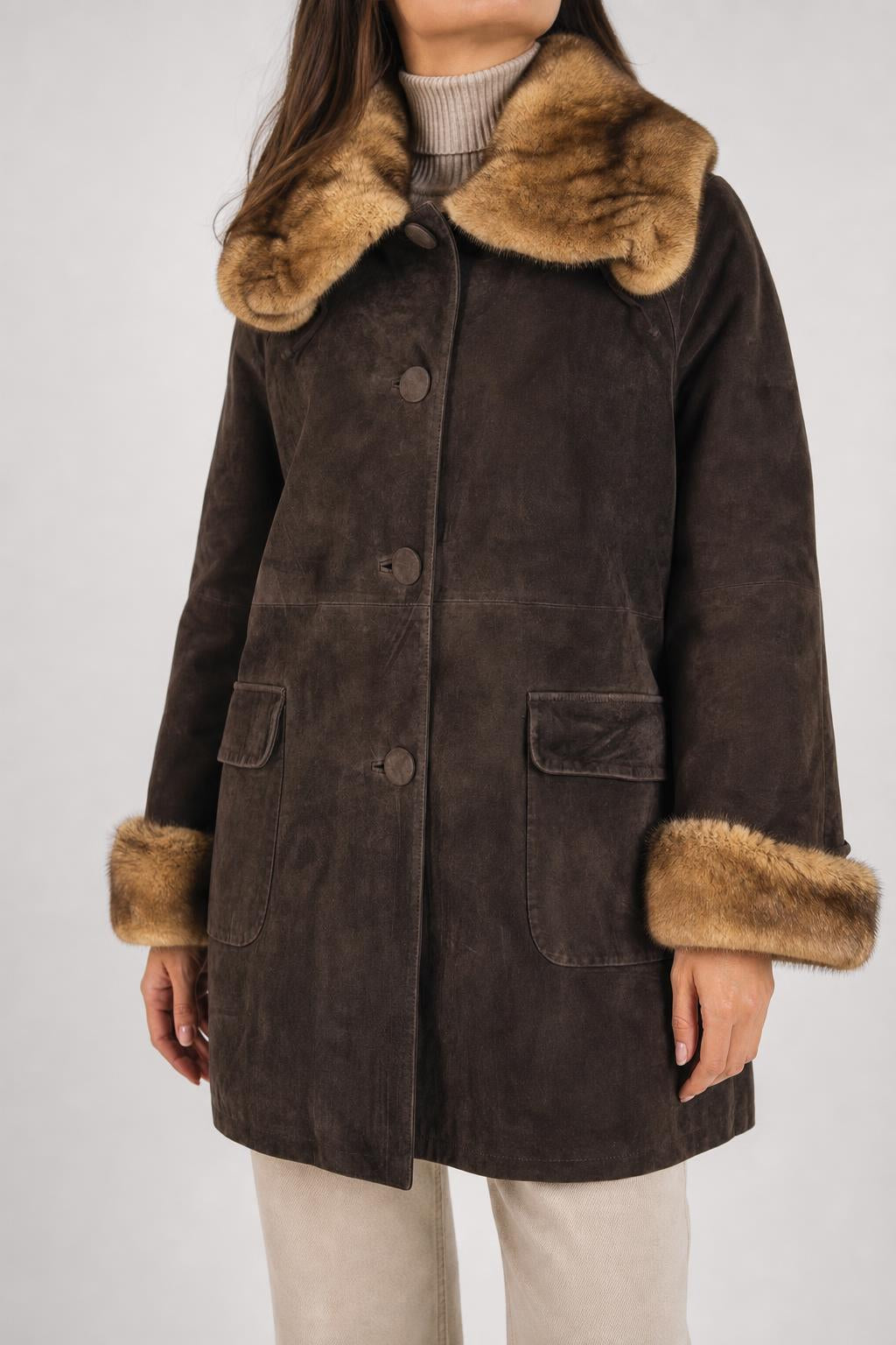 Cappotto in pelle scamosciata marrone con collo in pelliccia vintage – Donna Taglia M