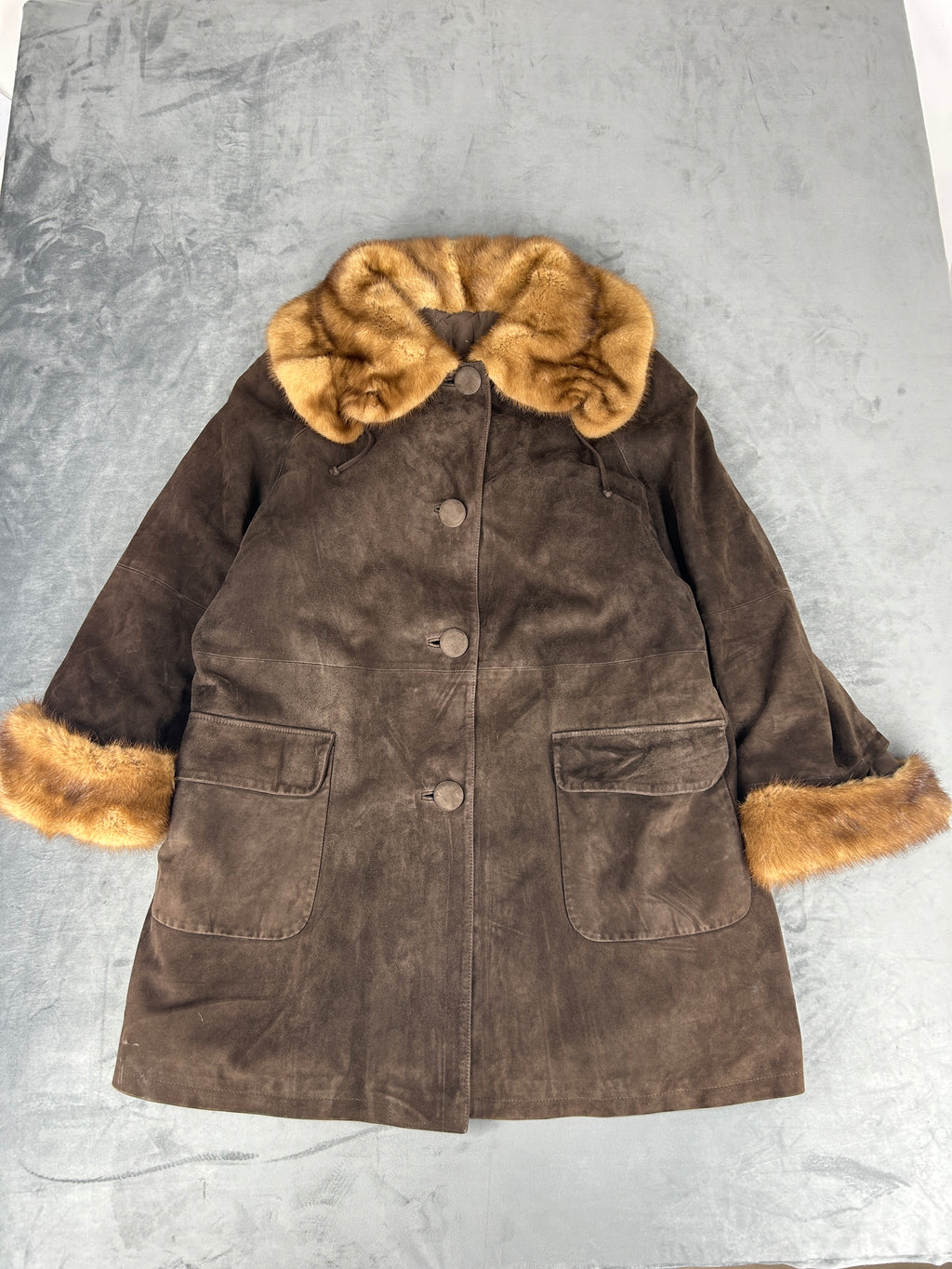 Cappotto in pelle scamosciata marrone con collo in pelliccia vintage – Donna Taglia M