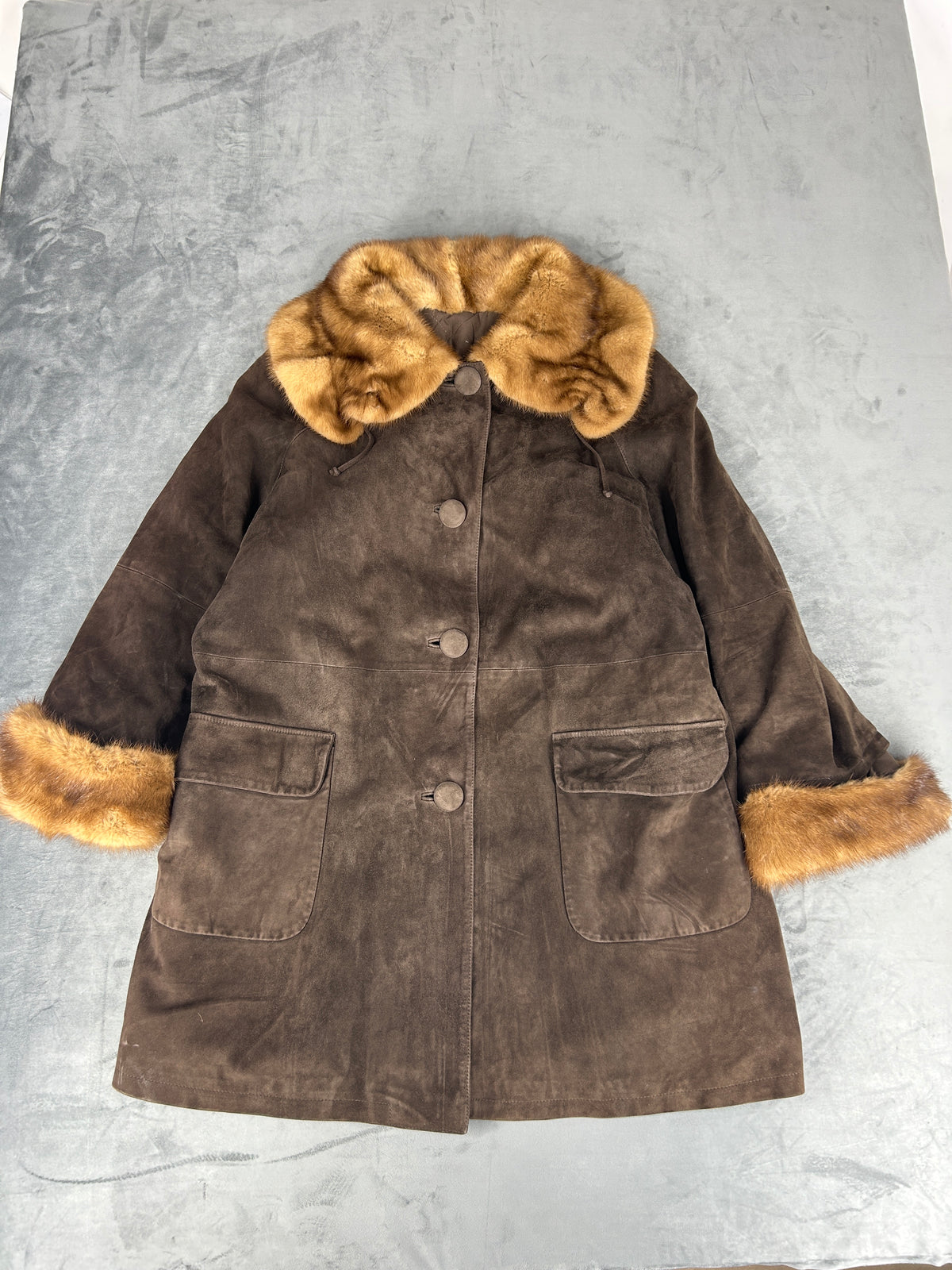 Cappotto in pelle scamosciata marrone con collo in pelliccia vintage – Donna Taglia M