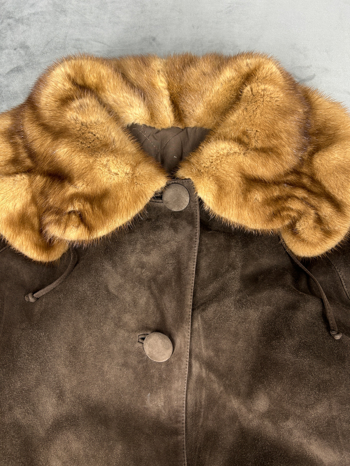 Cappotto in pelle scamosciata marrone con collo in pelliccia vintage – Donna Taglia M