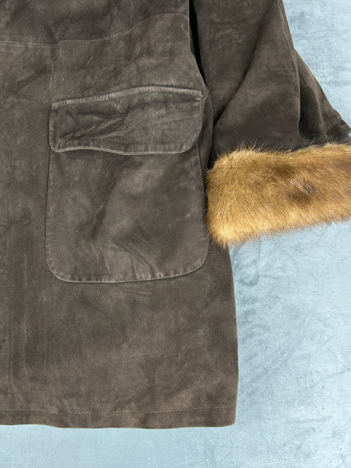 Cappotto in pelle scamosciata marrone con collo in pelliccia vintage – Donna Taglia M