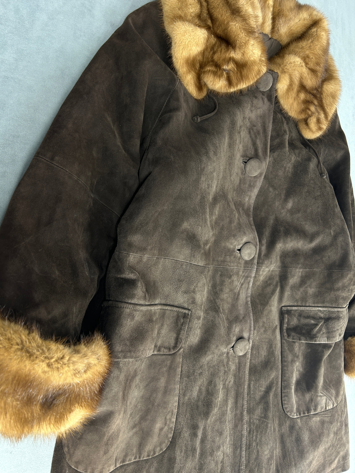 Cappotto in pelle scamosciata marrone con collo in pelliccia vintage – Donna Taglia M